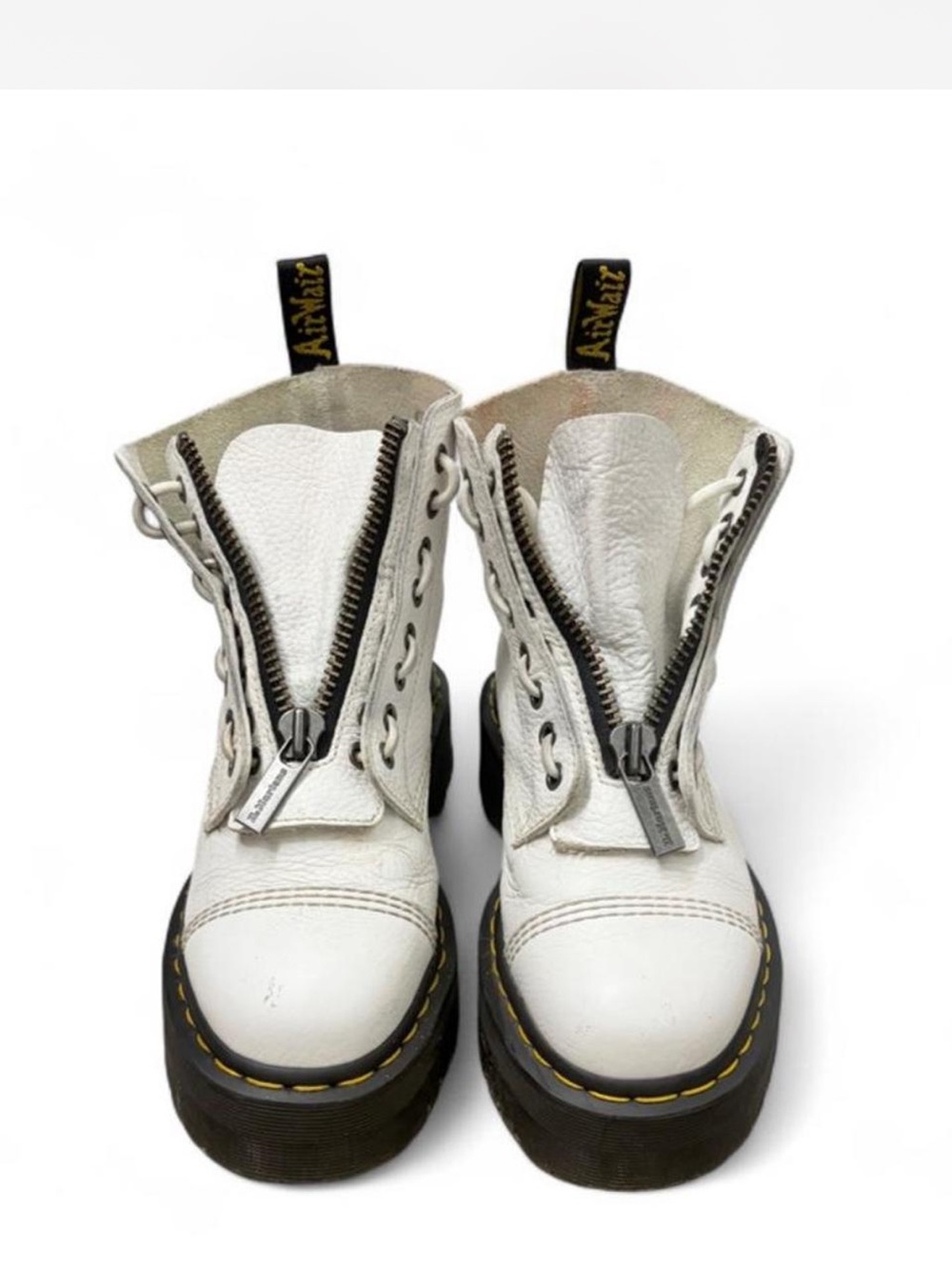 Dr. Martens Sinclair White Kids Combat Boots with Black Sole and Yellow Stitch